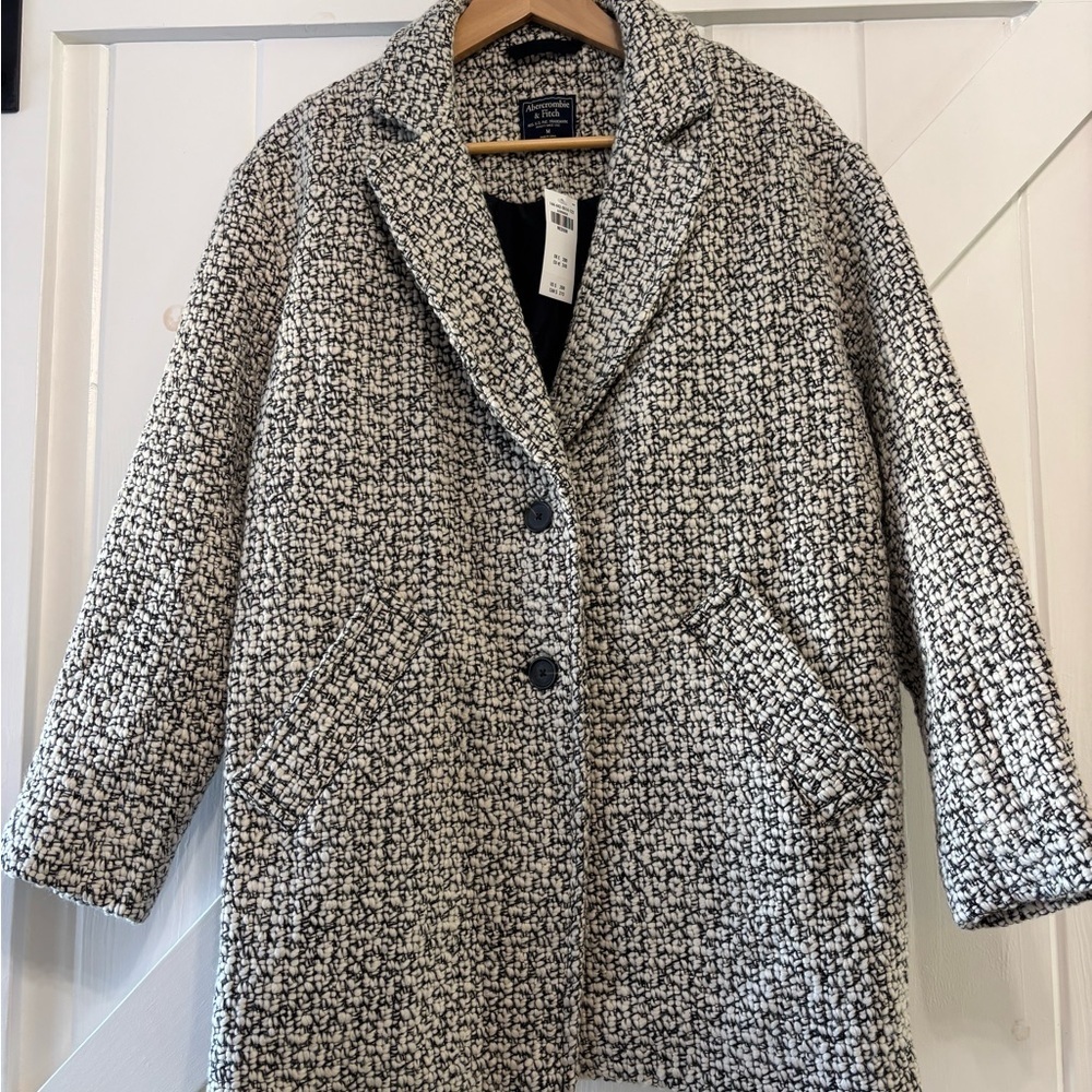 Abercrombie & Fitch Wool Blend Boucle Coat Black White Textured Jacket Medium - Picture 3 of 9